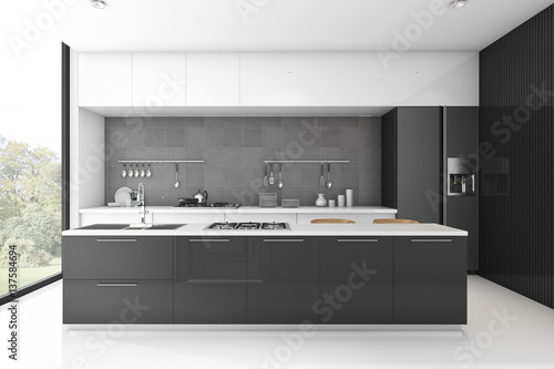 3d rendering modern loft black kitchen with tile