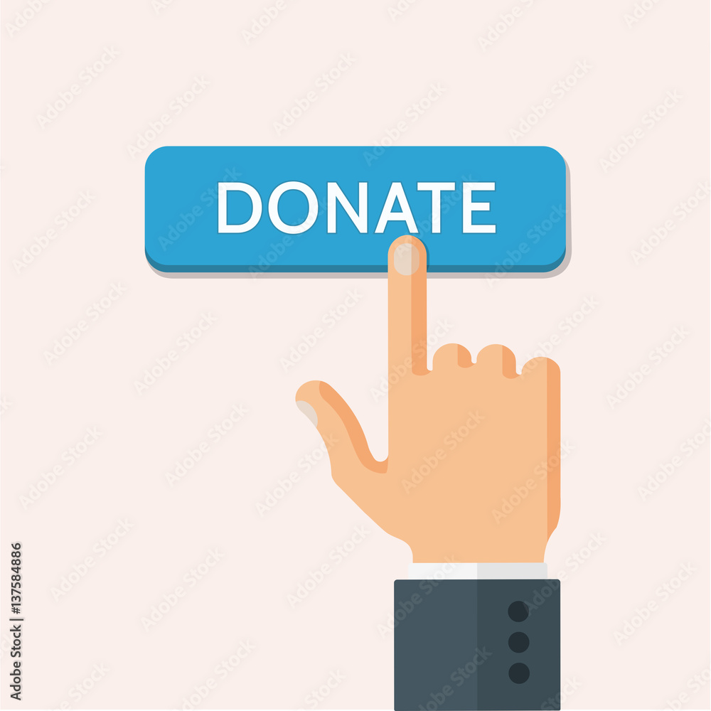 Hand in the suit presses donate button. Flat style vector illustration. Hand in the suit presses donate button. Flat style vector illustration.