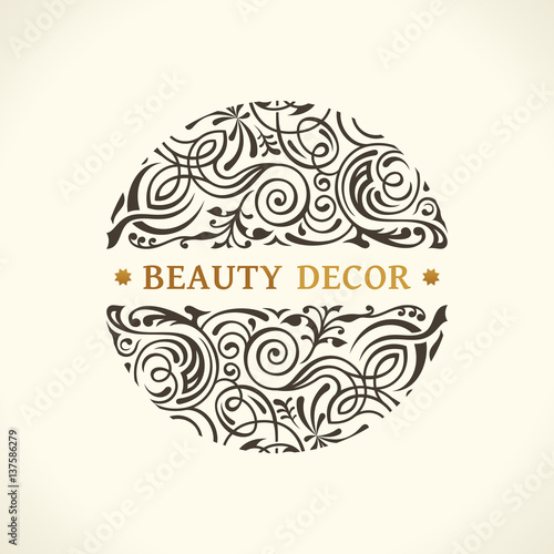 Round calligraphic emblem. Vector floral symbol for cafe
