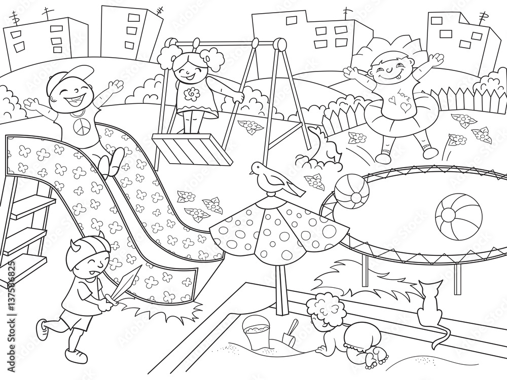 Obraz premium Childrens playground coloring. Vector illustration of black and white
