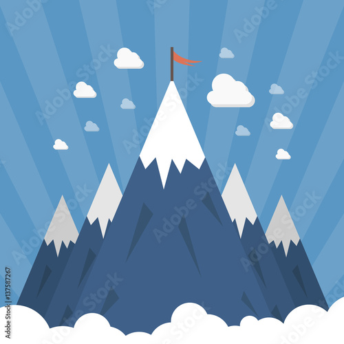 shining mountain peaks on a blue background with a red flag on top of one of them © JK_kyoto