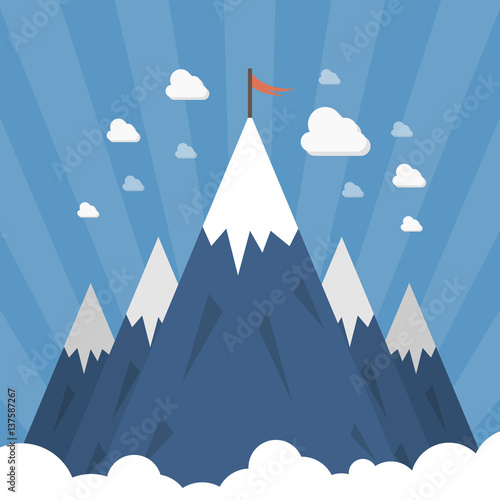 shining mountain peaks on a blue background with a red flag on top of one of them