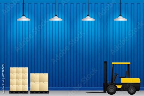 Vector of forklift truck with cardboard boxes and cargo container in warehouse.