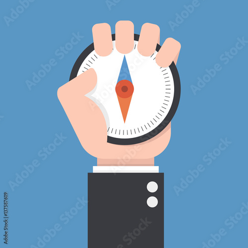 Business man holding compass, flat design, vector