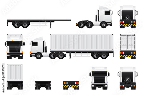 Vector of truck trailer with containers in different views isolated on white background.