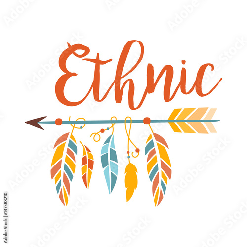 Ethnic Boho Style Element Print , Hipster Fashion Design Template In Blue, Yellow And Red Color With Arrow And Feathers