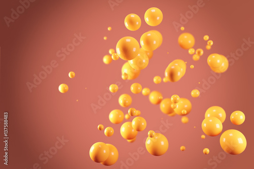 Group of abstract orange flying spheres on bright background. 3d rendering