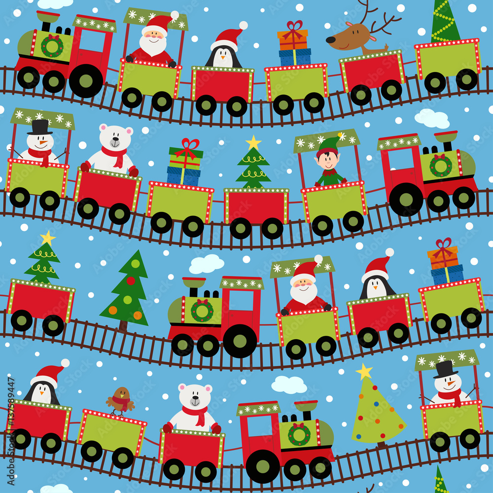 seamless pattern train with Christmas characters - vector illustration, eps