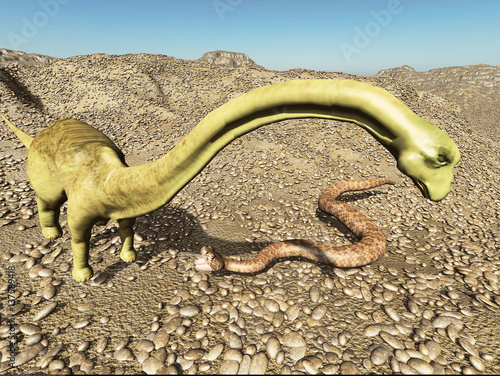 Dinosaurs Jurassic prehistoric scene dinosaur fighting with snake 3d rendering photo