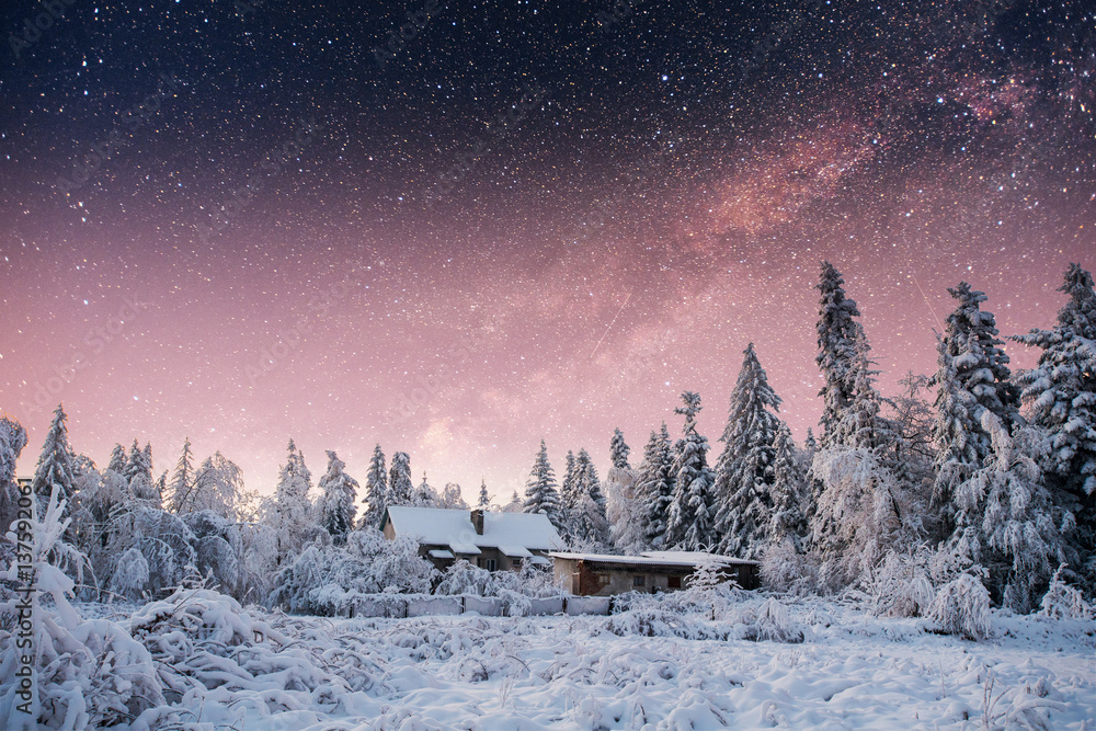 Fototapeta premium chalets in the mountains at night under the stars.