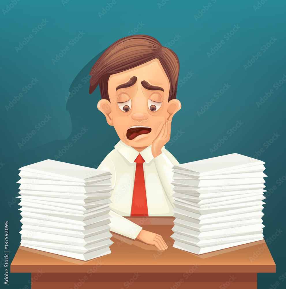 Tired office worker character. Lot of paperwork. Vector flat cartoon illustration