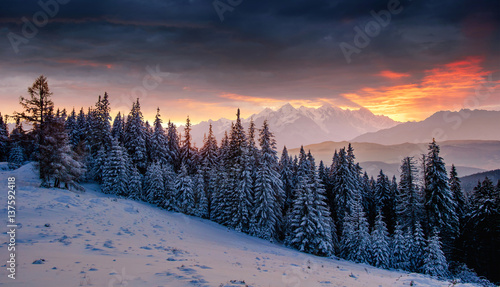 Colorful sunset over the mountain ranges in the national park