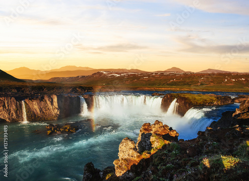 Godafoss waterfall at sunset. Beauty world. Iceland  Europe