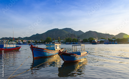 beautiful beach landscape with Vietnamese traditional fishing boat