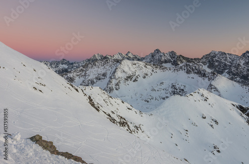 Poland, Winter High Tatras seen from Zawrat pass in the evening