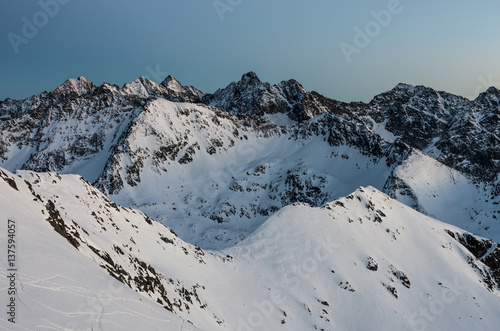 Poland, Winter High Tatras seen from Zawrat pass in the evening