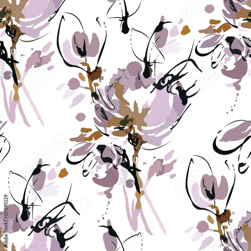 Seamless abstract pattern with elements of spilled coffee on white background.