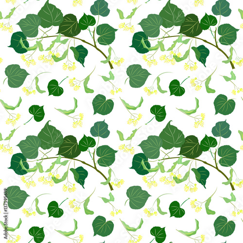 Seamless pattern with a branch of a blossoming linden tree, with leaves and flowers of linden, falling leaves and flowers of linden.
