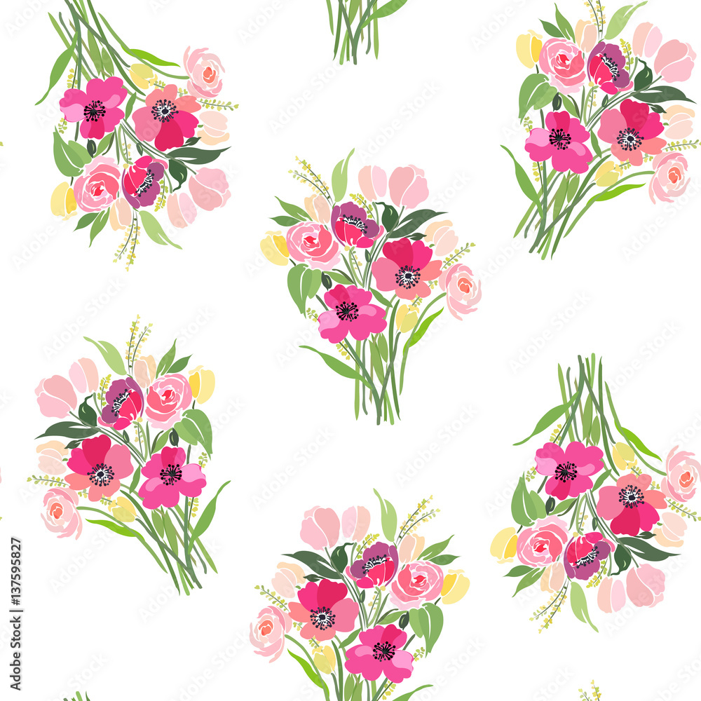 Seamless pattern with bouquets of spring flowers.