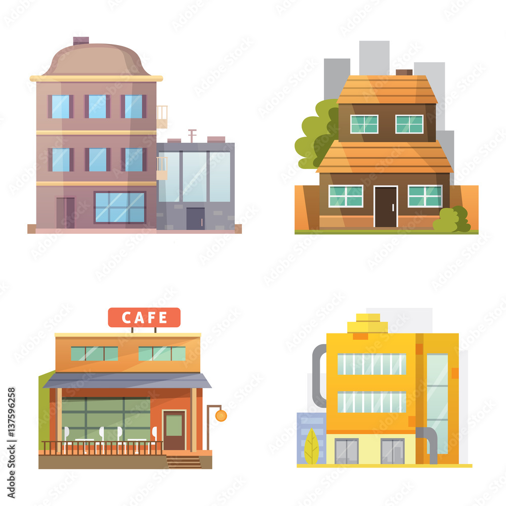 Flat design of retro and modern city houses. Old buildings, skyscrapers. colorful cottage building, cafe house. Flat design of retro and modern city houses. Old buildings, skyscrapers. colorful cottage building, cafe house.