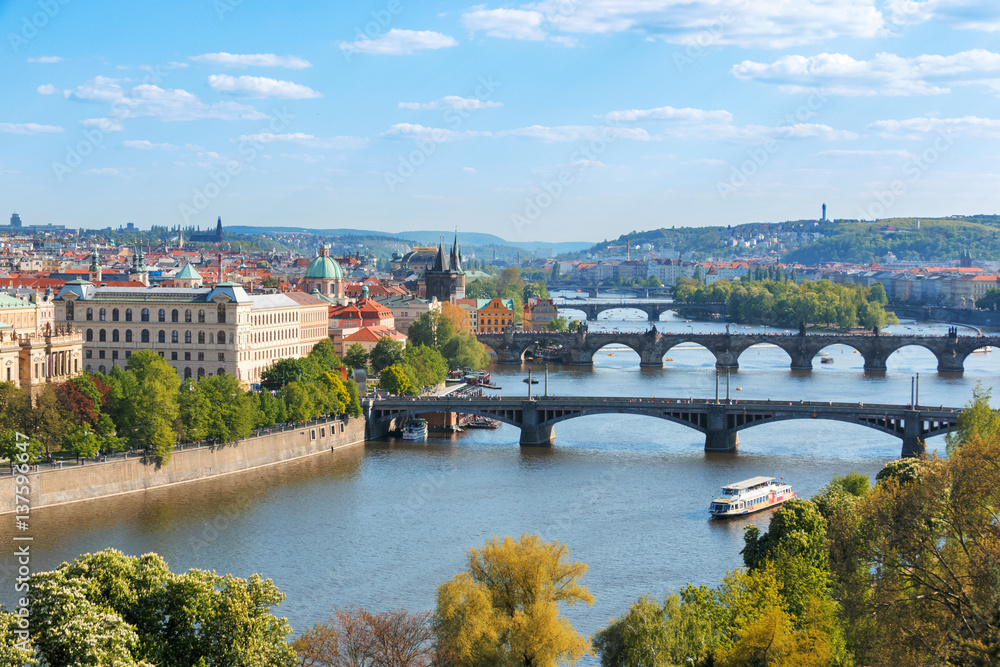 Prague bridges, aerial cityscape, Czech Republic - obrazy, fototapety, plakaty 
