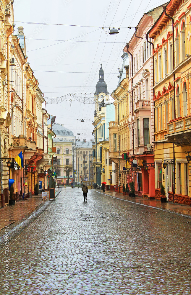 Kobylianska street in Chernivtsi, Ukraine in the rainy weather