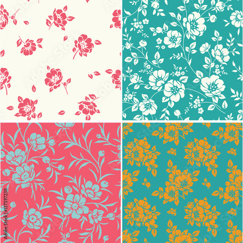 Vector set of seamless pattern with blooming peonies. Vintage floral background with peony silhouette