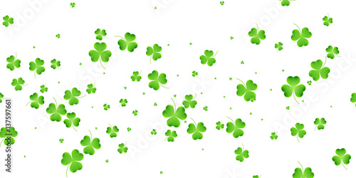 Clover flying leaves background. Saint Patrick's Day banner. Three leaf clover leaves