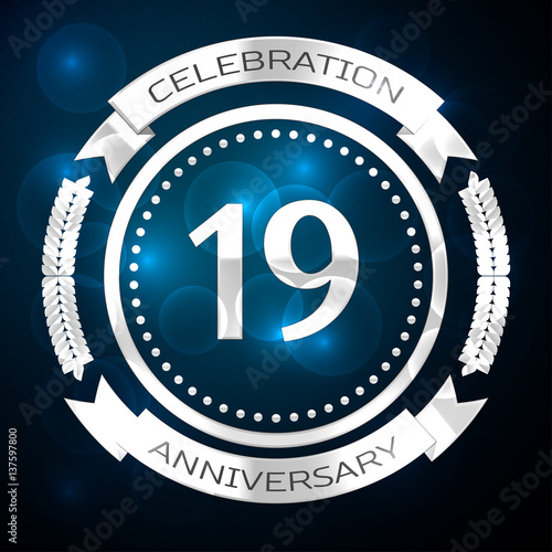 18, 18th, eighteen, years anniversary celebration with silver ring and ribbon on blue background. Vector illustration