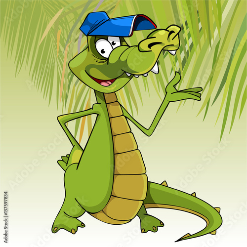 cartoon character cheerful crocodile in a cap gesticulating arm