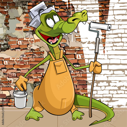 cartoon character funny crocodile in the attire of a painter plasterer