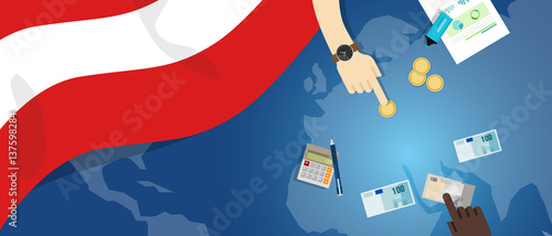 Austria economy fiscal money trade concept illustration of financial banking budget with flag map and currency