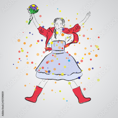 Happy girl jumping with arms up, Vector sketch