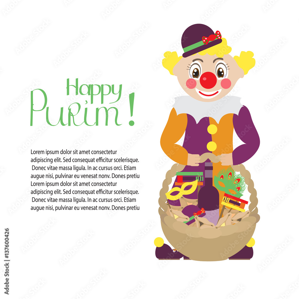 Clown with a traditional gift baskets for Purim. The concept of delivering gifts and greetings.  Place for text.