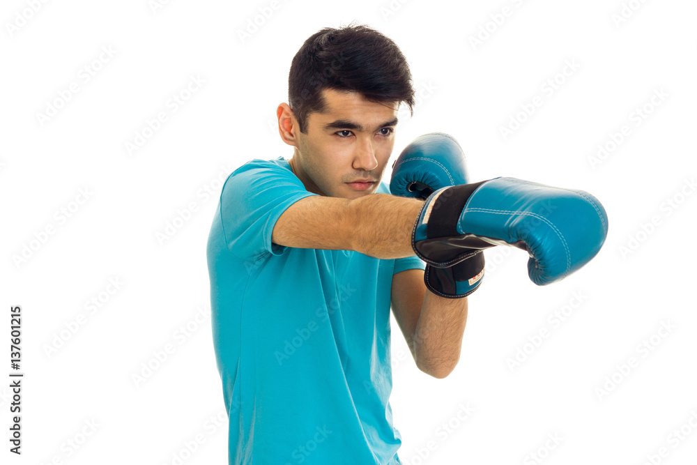 portrait of strong brunette sports man practicing box in blue gloves isolated on white background