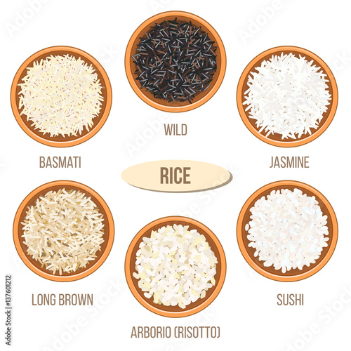 Different types of rice in bowls. Basmati, wild, jasmine, long brown, arborio, sushi