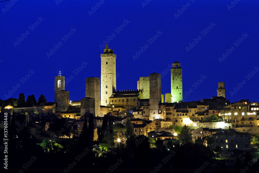 View of San Gimignano at night, Tuscany, Italy