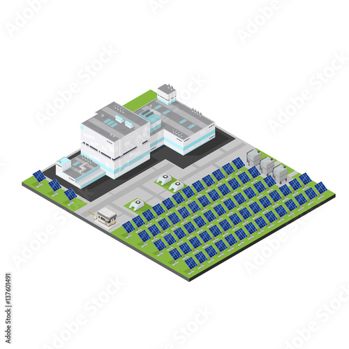 Isometric modern solar power plant. Factory Facility on land harvesting renewable energy.