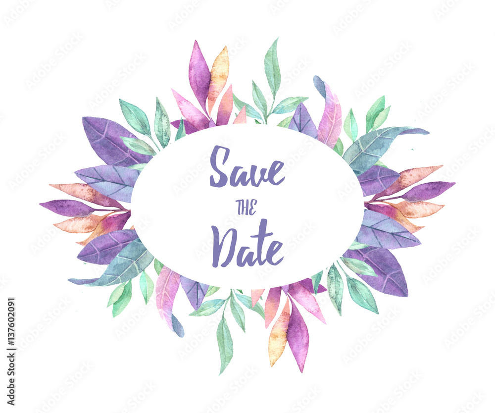 Hand drawn watercolor illustration. Frame with Spring leaves. Floral design elements. Perfect for invitations, greeting cards, blogs, posters and more Hand drawn watercolor illustration. Frame with Spring leaves. Floral design elements. Perfect for invitations, greeting cards, blogs, posters and more