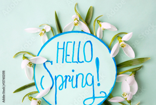 Hello spring note decorated with snowdrops
