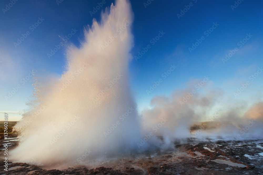 Strokkur geyser eruption in Iceland. Fantastic colors. Beautiful