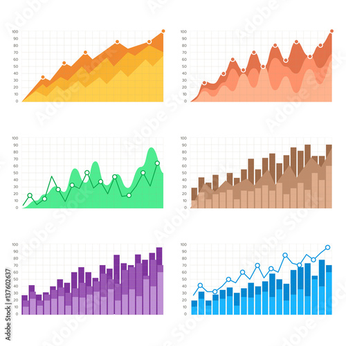 Vector graphs, charts with flat elements. Infographic for business presentation illustration. Colorful bar charts.