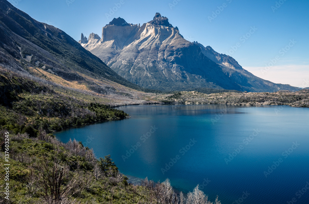 View on the Los Cuernos over the lake in the Torres del Paine national park in Chile