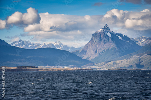 View on Ushuaia city from the boat navigating on Beagle channel