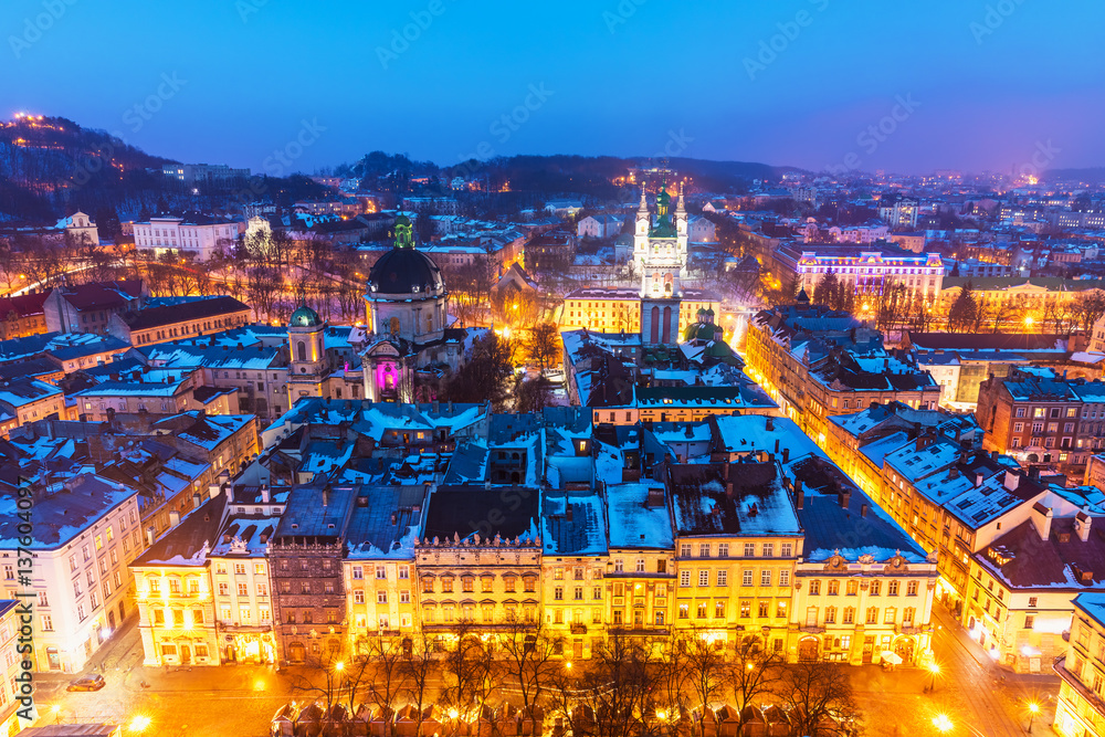 Night aerial view of Lviv, Ukraine