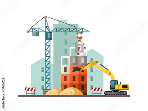 Building work process with houses and construction machines. Vector illustration.