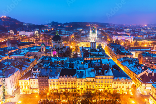Night aerial view of Lviv  Ukraine