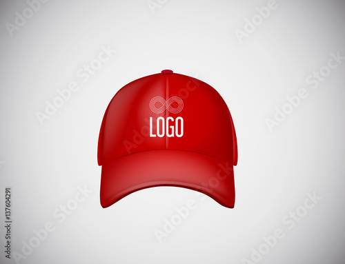 Photography Realistic front view red baseball cap with text logo for advertising isolated on white background vector illustration