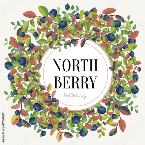 Floral frame with green branches, leaves and berries. Blueberry wreath. Background for the invitation, shop, beauty salon. Template for design of packaging of cosmetics, jam