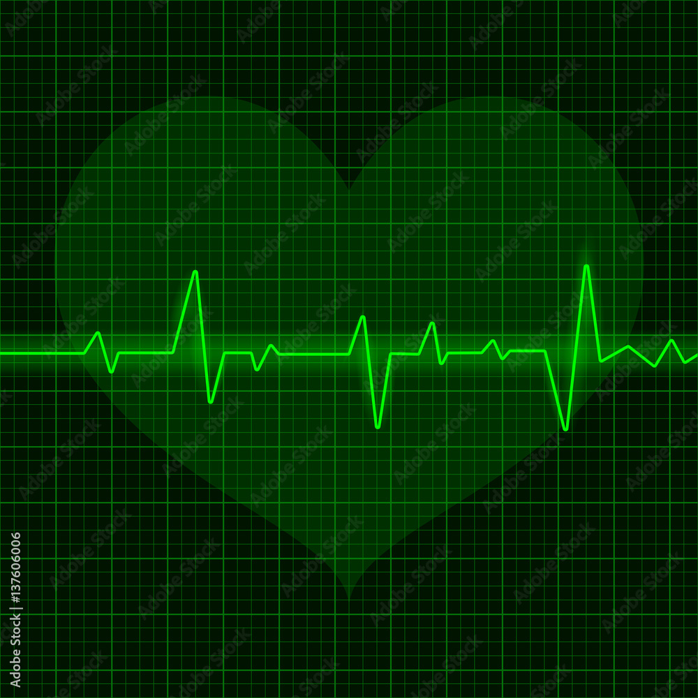 Green electrocardiogram. Waves with heart symbol